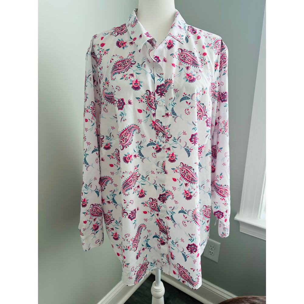 Lands’ End Plus Paisley Floral Button Up Shirt Pink White No Iron Supima 24 W